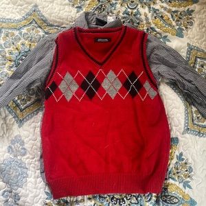 Little boys button down plaid shirt with red argyle sweater size 6